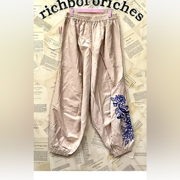 Free People Movement Baller Embroidery Pant Cotton Sheeting Tan Sand Blue - Picture 7 of 7